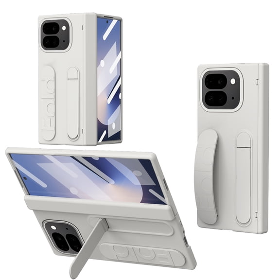 Rugged Phone Case for Google Pixel 9 Pro Fold, Heavy Duty Shockproof Camera Lens Protection Hand Strap Kickstand Anti-Slip Drop Protective Case Cover for Google Pixel 9 Pro Fold, White