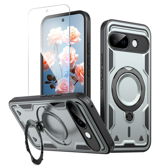 Rugged Phone Case for Google Pixel 9A with Screen Protection, Military Grade Shockproof Case with Ring Holder, Kickstand, TPU & PC Shell Compatible with MagSafe Google Pixel 9A Cover, Gray