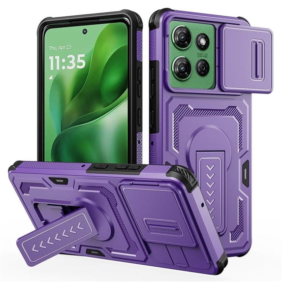 Rugged Phone Case for Motorola Moto G Paly 2025, Military Grade Shockproof Cover with Sliding Camera Lens Protector, 2-Way Kickstand, Anti-Slip, Heavy Duty Full-Body Drop Protection,Purple