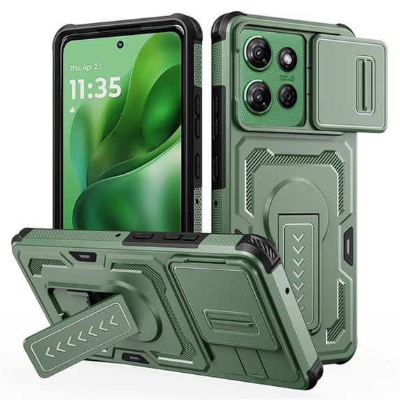 Rugged Phone Case for Motorola Moto G Paly 2025, Military Grade Shockproof Cover with Sliding Camera Lens Protector, 2-Way Kickstand, Anti-Slip, Heavy Duty Full-Body Drop Protection,Green