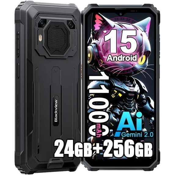 Blackview BV6200 Plus Unlocked Rugged Smartphone Android 15, 24GB RAM+256GB/2TB Rugged Phone, 98dB 3W Speaker,11000mAh,16MP AI Camera, 6.56'' 90Hz Display, IP68/69K Waterproof Smartphone,NFC/GPS,Blac