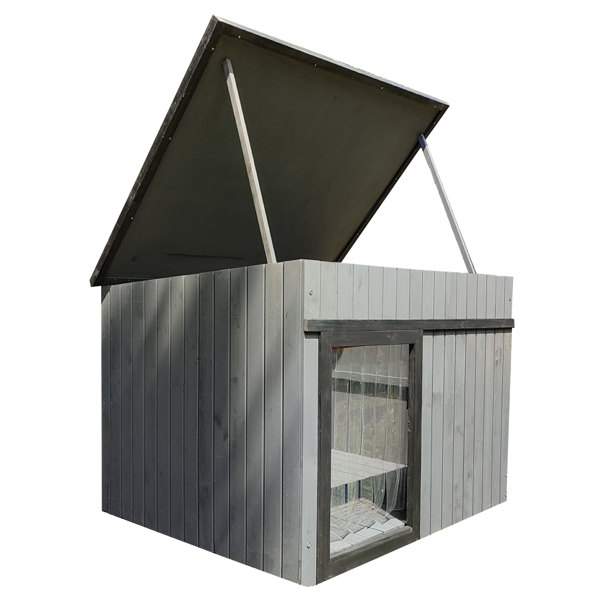 XL Gray Insulated Wood Dog House with Hinged Roof