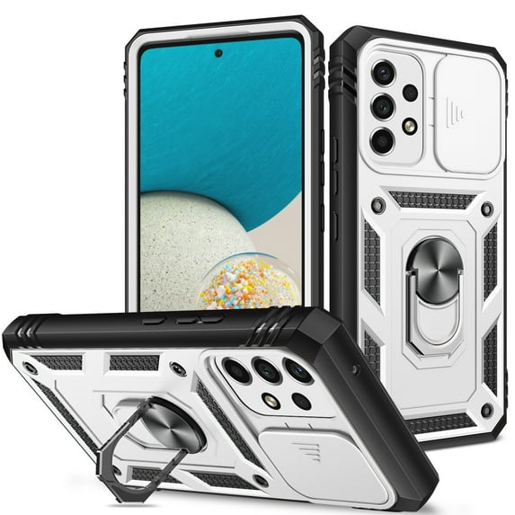 Rugged for Samsung Galaxy A23 5G Case with Camera Lens Sliding Cover Protective Phone Case with Rotated Ring Holder Stand, Heavy Duty Shockproof Protection Case for Samsung Galaxy A23 5G, White+Black