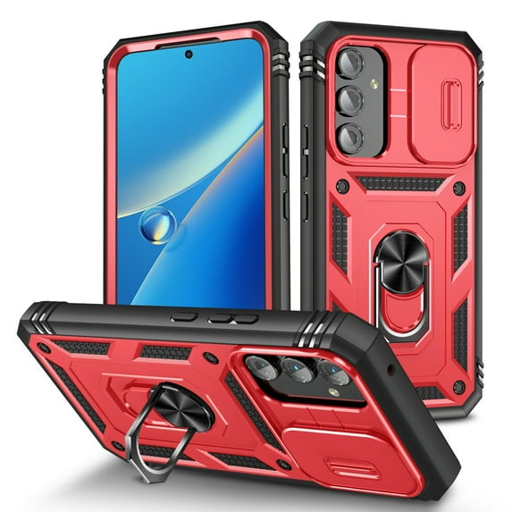 Rugged for Samsung Galaxy A35 Case with Camera Lens Sliding Cover Protective Phone Case with Rotated Ring Holder Stand, Heavy Duty Shockproof Magnetic Car Mount Case for Galaxy A35, Red+Black