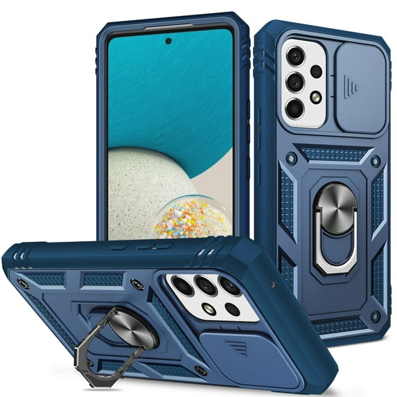Rugged for Samsung Galaxy A53 5G Case with Camera Lens Sliding Cover Protective Phone Case with Rotated Ring Holder Stand, Heavy Duty Shockproof Magnetic Car Mount Case for Galaxy A53 5G, Blue
