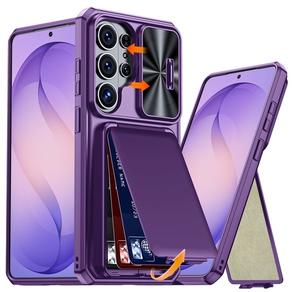 Rugged Shield Case for Galaxy S26 Ultra, 12FT Military Drop Protection Slide Camera Cover RFID Blocking & Kickstand Wallet Case with Cards Slots, Purple