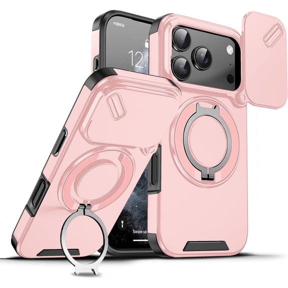 Rugged Shockproof Case for iPhone 17 Pro Max, Slide Camera Cover, Rotatable Ring Stand, Magnetic Car Mount (Pink, iPhone 17 Pro)
