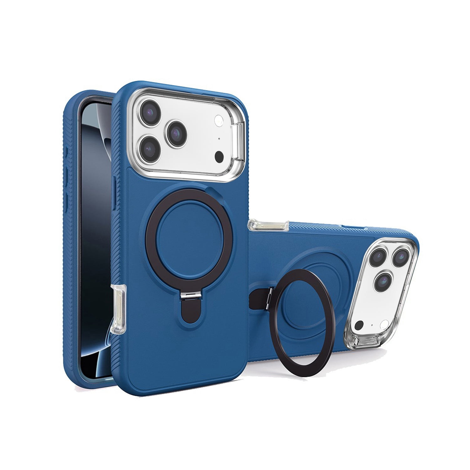 Rugged Shockproof Cover with Folding Stand and Wireless Charging Compatible for iPhone 17 Pro Max - Blue
