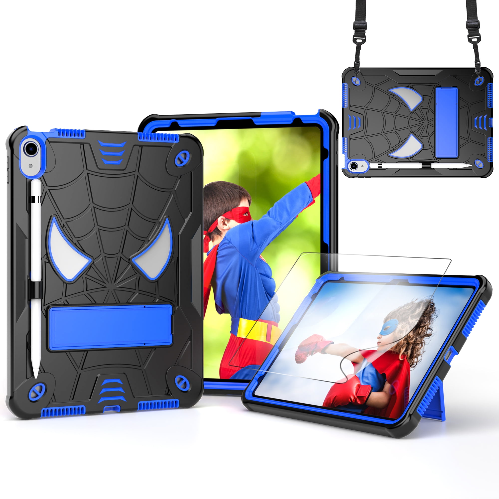 Rugged Shockproof Protective Case for Apple iPad A16 11th Gen 11" 2025 & iPad 10th Gen 10.9" - Heavy Duty 3-Layer Armor, Built-in Kickstand, Shoulder Strap, Pencil Holder, Shock Absorption,Black+Blue