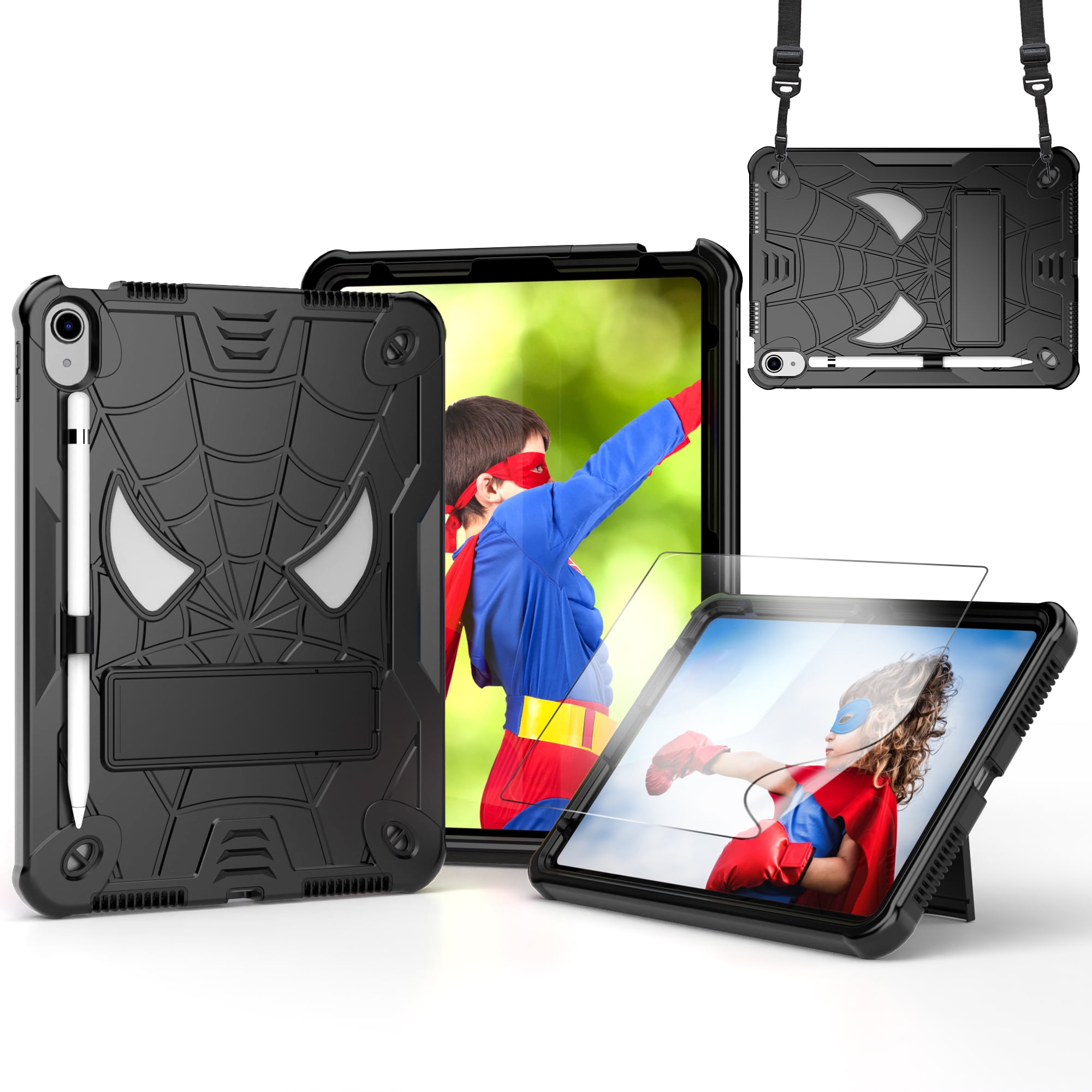 Rugged Shockproof Protective Case for Apple iPad A16 11th Gen 11" 2025 & iPad 10th Gen 10.9" - Heavy Duty 3-Layer Armor, Built-in Kickstand, Shoulder Strap, Pencil Holder, Shock Absorption,Black