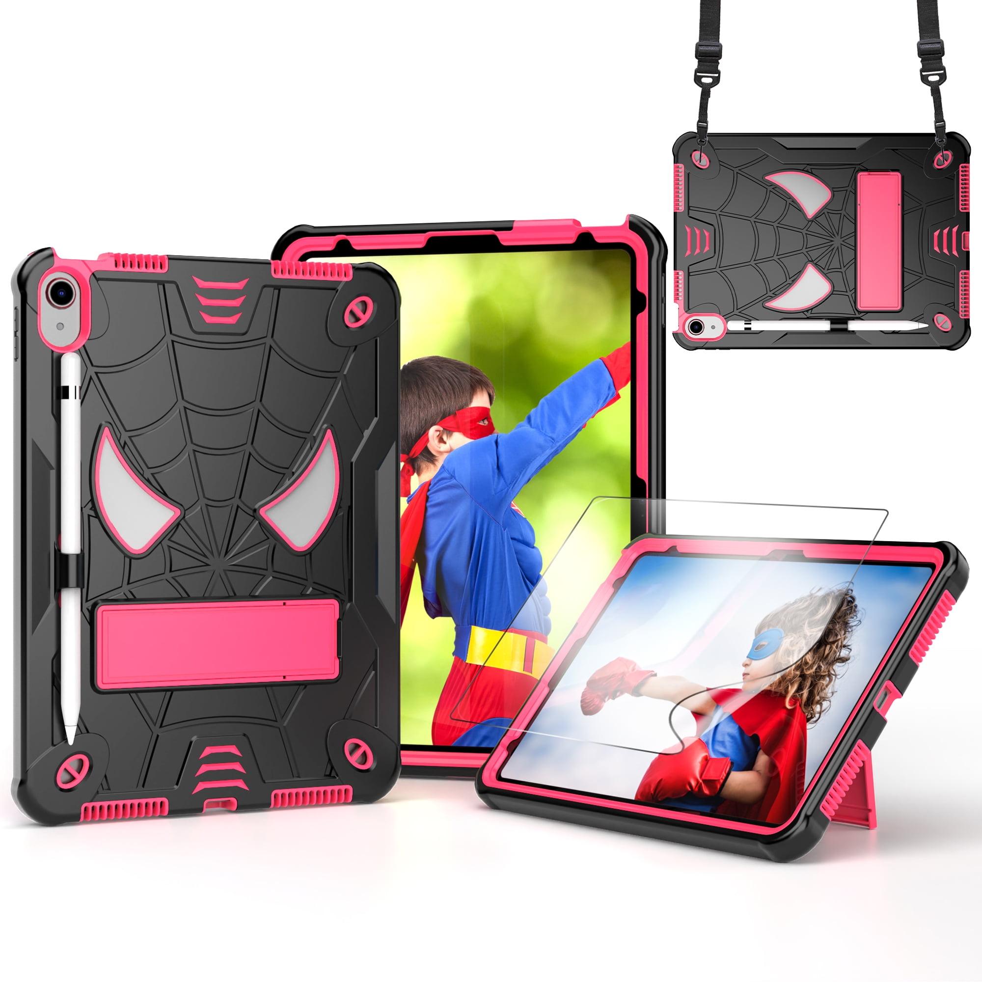 Rugged Shockproof Protective Case for Apple iPad A16 11th Gen 11" 2025 & iPad 10th Gen 10.9" - Heavy Duty 3-Layer Armor, Built-in Kickstand, Shoulder Strap, Pencil Holder, Shock Absorption,Black+Rose