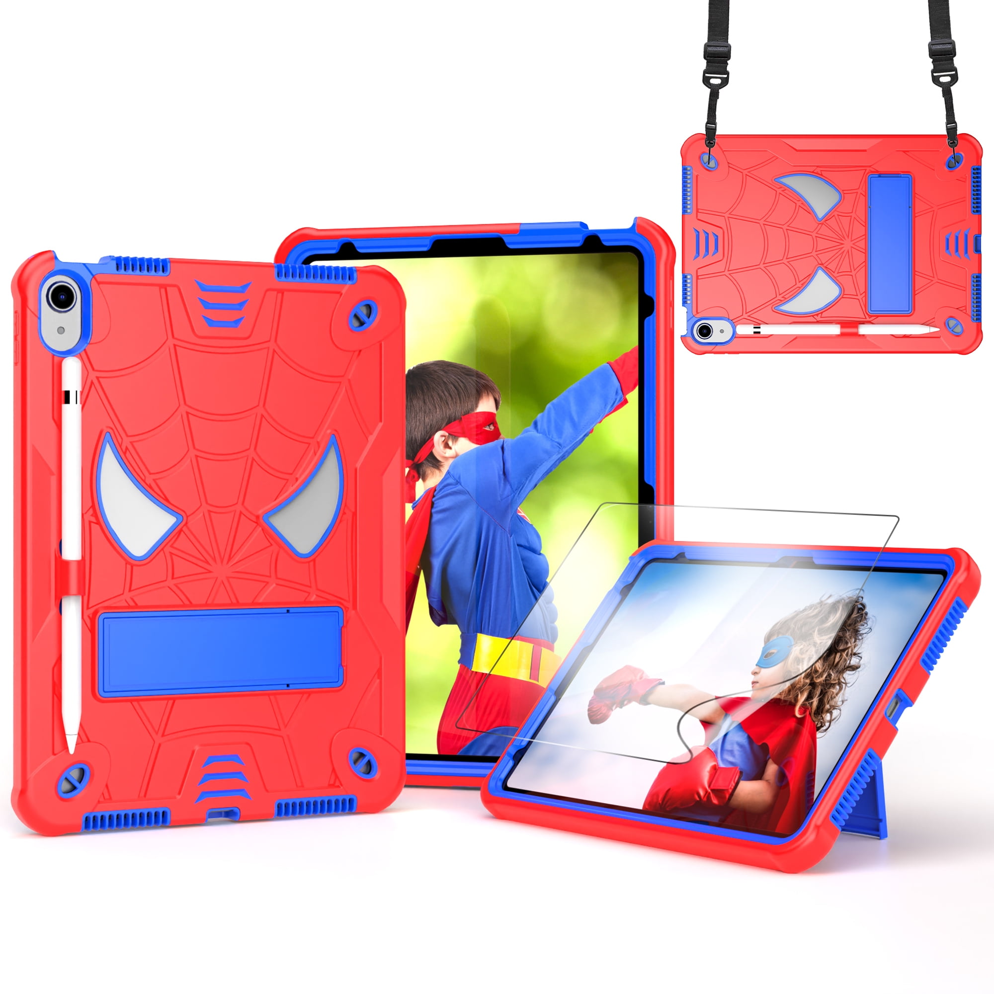 Rugged Shockproof Protective Case for Apple iPad A16 11th Gen 11" 2025 & iPad 10th Gen 10.9" - Heavy Duty 3-Layer Armor, Built-in Kickstand, Shoulder Strap, Pencil Holder, Shock Absorption,Red+Blue