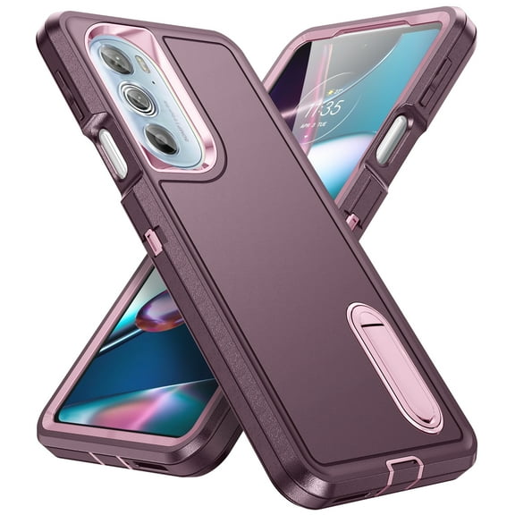 Rugged Stand Case for Motorola Moto Edge 30 Pro, Military Grade Shockproof Triple-Layer Cover with Bracket, Screen Camera Protection Anti-Drop Hybrid Case for Moto Edge 30 Pro, Purple+Pink