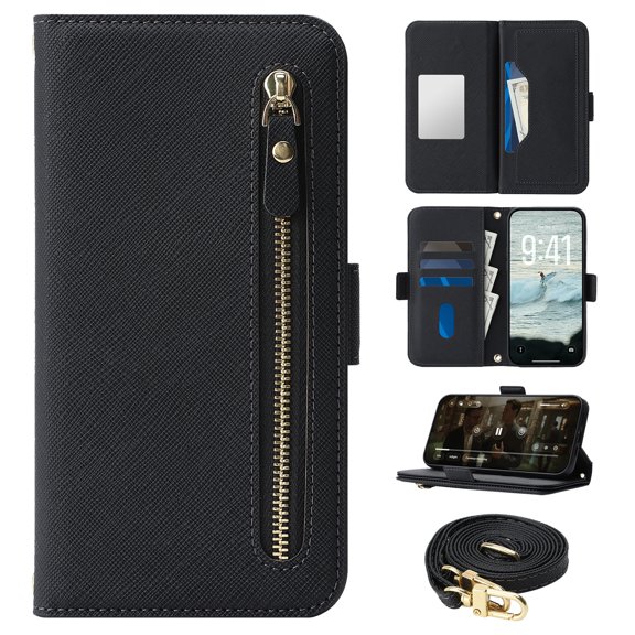 Rugged Wallet Case for iPhone 13, PU Leather + TPU Phone Cover with Shoulder Strap Kickstand Zipper Pocket Card Slots Cash Pocket RFID Blocking & Hidden Make-up Mirror, Black