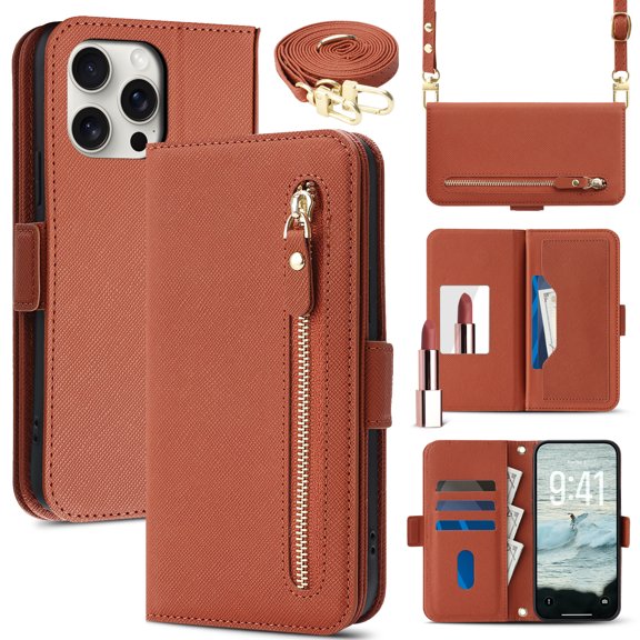 Rugged Wallet Case for iPhone 16 Pro Max, PU Leather + TPU Phone Cover with Shoulder Strap Kickstand Zipper Pocket Card Slots Cash Pocket RFID Blocking & Hidden Make-up Mirror, Brown