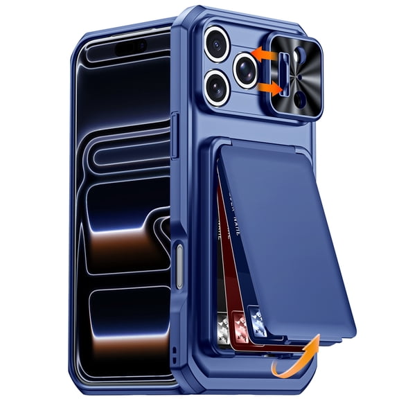 Rugged Wallet Phone Case for Apple iPhone 17 Pro Max, Shockproof Cover with Camera Slider & Credit Card Holder RFID Blocking Stand Case for Women Men, Blue