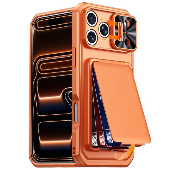 Rugged Wallet Phone Case for Apple iPhone 17 Pro Max, Shockproof Cover with Camera Slider & Credit Card Holder RFID Blocking Stand Case for Women Men, Orange