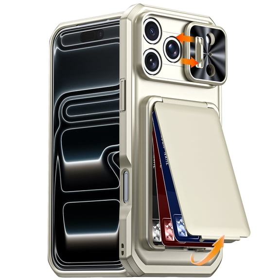 Rugged Wallet Phone Case for Apple iPhone 17 Pro Max, Shockproof Cover with Camera Slider & Credit Card Holder RFID Blocking Stand Case for Women Men, Titaniumgold