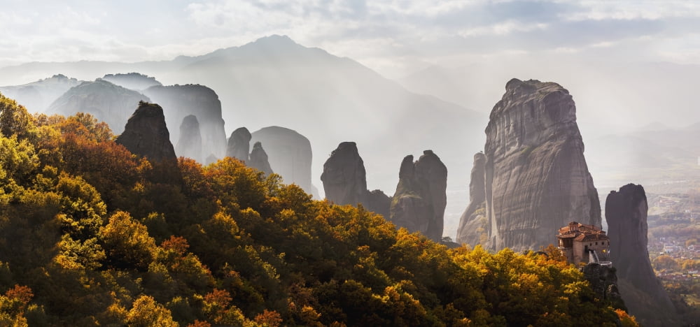Rugged cliffs and a monastery Meteora Greece Canvas Art - Reynold Mainse Design Pics (44 x 20)