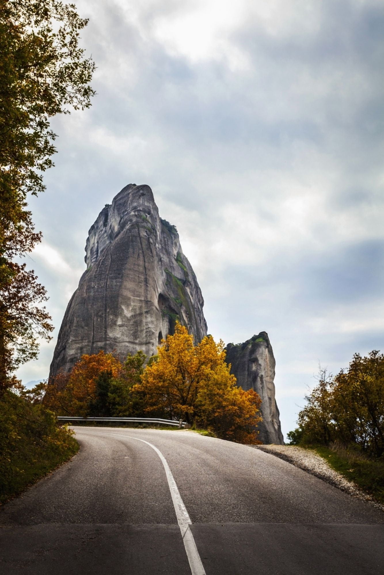 Rugged cliffs road and autumn foliage Meteora Greece Canvas Art - Reynold Mainse Design Pics (12 x 19)