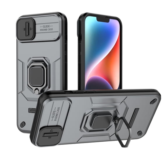 Rugged for iPhone 14 Case with Camera Lens Sliding Cover, for iPhone 14 Case with Ring Holder Kickstand, Military Grade Shockproof Heavy Duty Protective Case, Gray