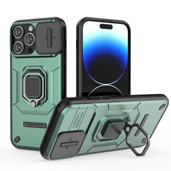 Rugged for iPhone 14 Pro Case with Camera Lens Sliding Cover, for iPhone 14 Pro Case with Ring Holder Kickstand, Military Grade Shockproof Heavy Duty Protective Case, Green