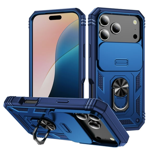 Rugged for iPhone 17 Pro Case with Camera Lens Sliding Cover Protective Phone Case with Rotated Ring Stand, Heavy Duty Shockproof Magnetic Car Mount Case for iPhone 17 Pro, Blue