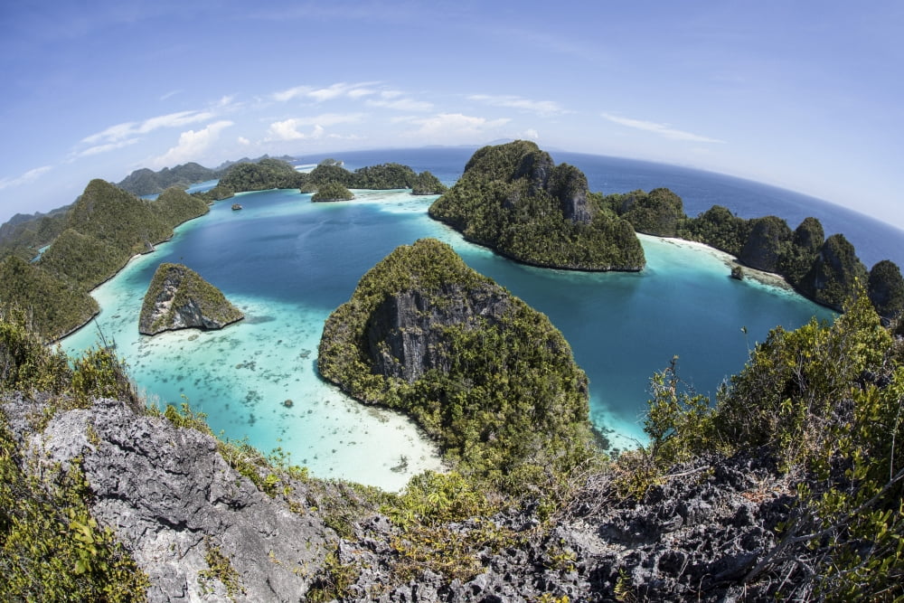 Rugged limestone islands surround a gorgeous lagoon in Raja Ampat Canvas Art - Ethan DanielsStocktrek Images (17 x 12)