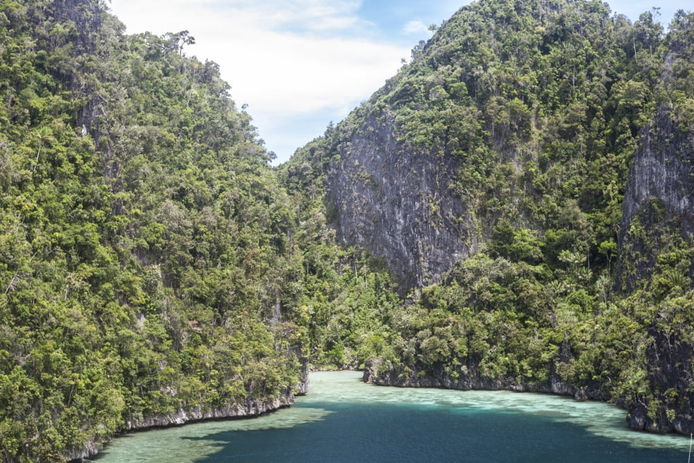 Rugged limestone islands surround corals growing in a gorgeous lagoon Canvas Art - Ethan DanielsStocktrek Images (34 x 23)