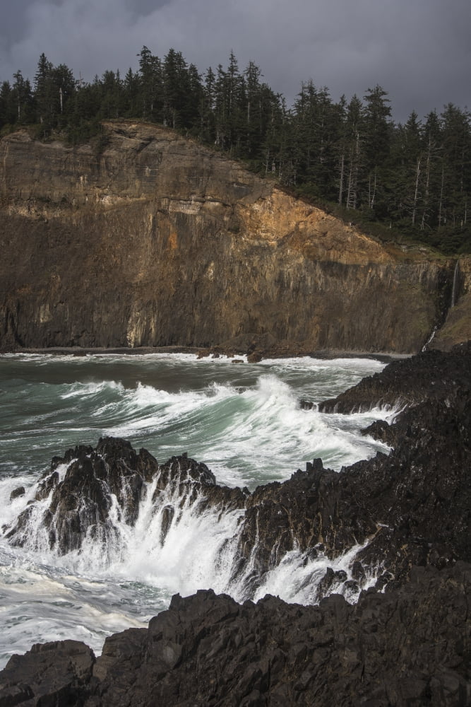 Rugged rock cliff at Cape Falcon and waves crashing against the rocks Manzanita Oregon United States of America Canvas Art - Robert L Potts Design Pics (12 x 19)
