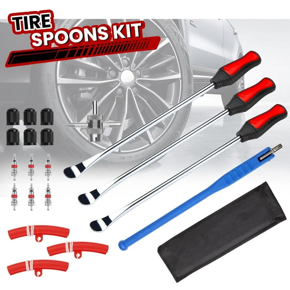 Tire Changing Tool Kit，15" Tire Spoon Kit & Tire Iron with Rim Protectors, Valve Tool & Cores for ATV, Dirt Bike, Motorcycle, 20-Piece