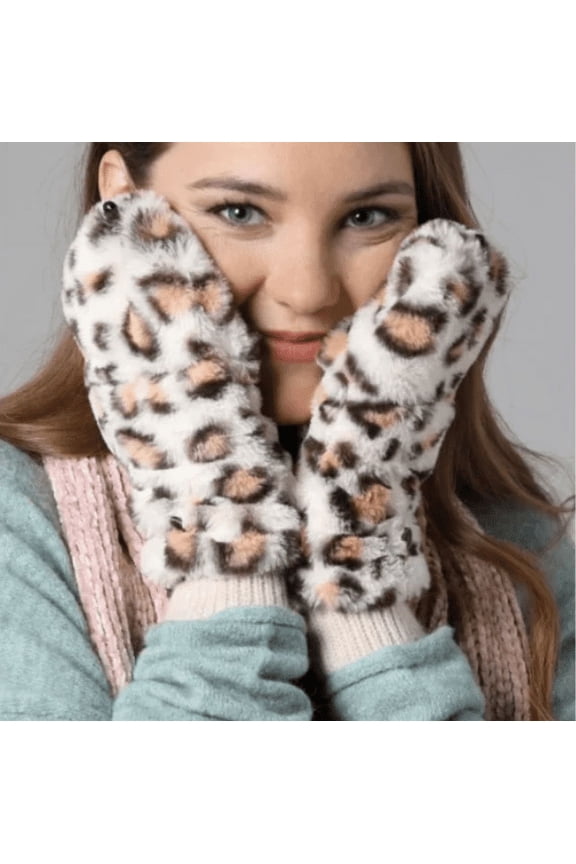 Leopard Print Faux Fur Mitten Ivory Fur Pop Top Convertible Mittens Animal Print