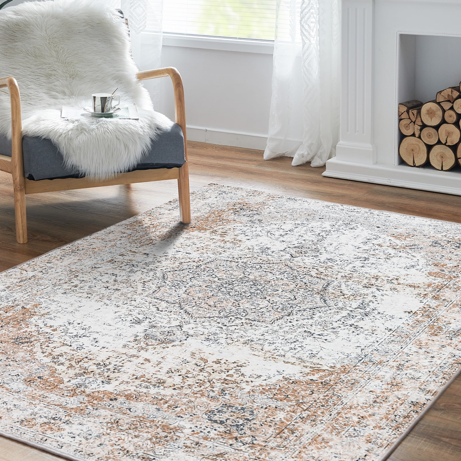 Rugking Area Rug 4x6 Foldable Taupe Rug Floral Printed Distressed