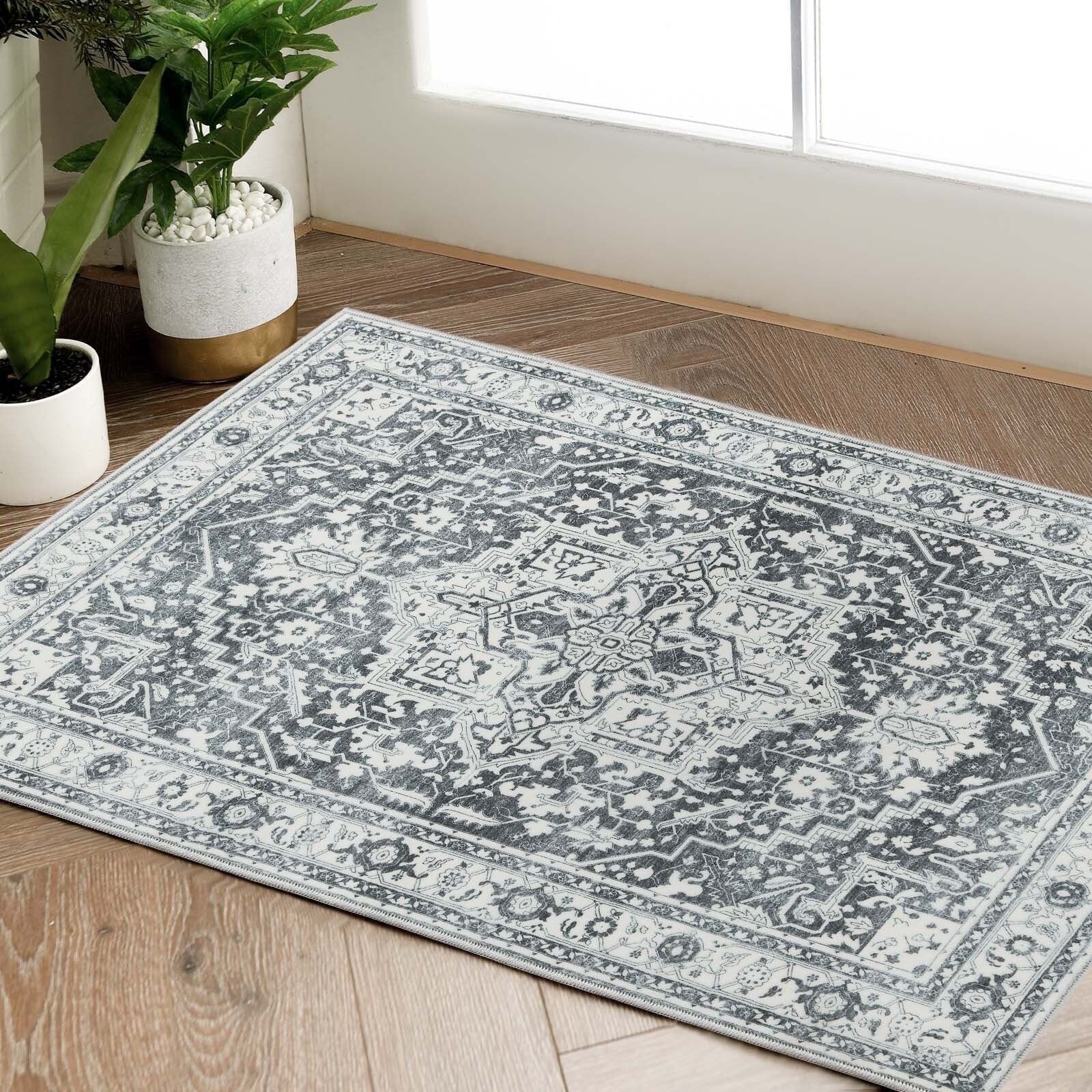 Rugking Doormat 2x3 Washable Persian Rug Indoor Entryway Vintage Rug Grey Area Rug Foldable Non