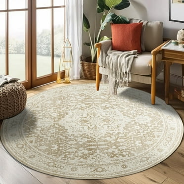 RUGKING Round Rug 4Ft vintage Area Rug Indoor Persian Hallway Circle Washable Rug Vintage Floral Medallion Non Slip Floor Mat for Living Dining Room Entryway Taupe
