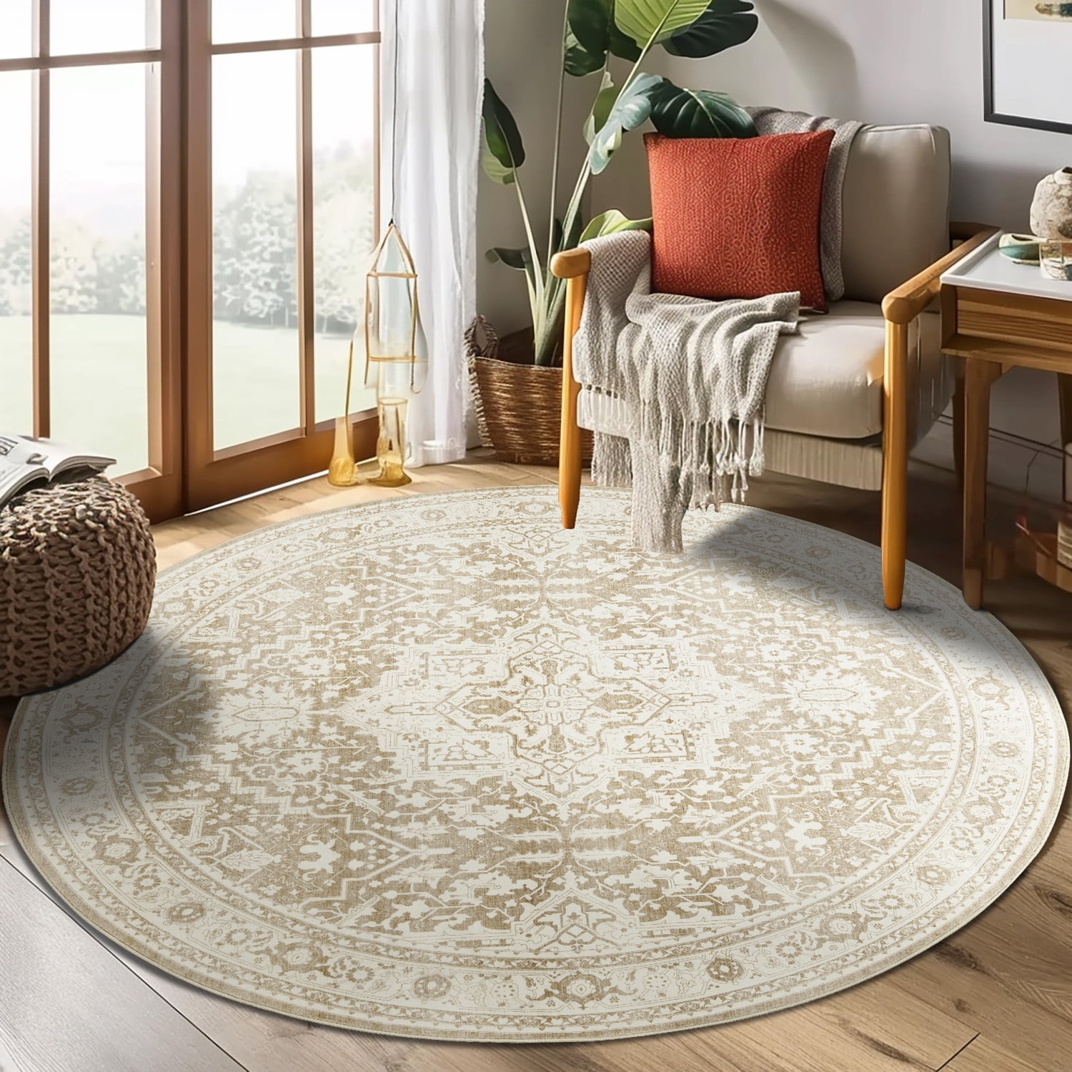 Rugking 5Ft Round Vintage Area Rug, Washable, Non Slip