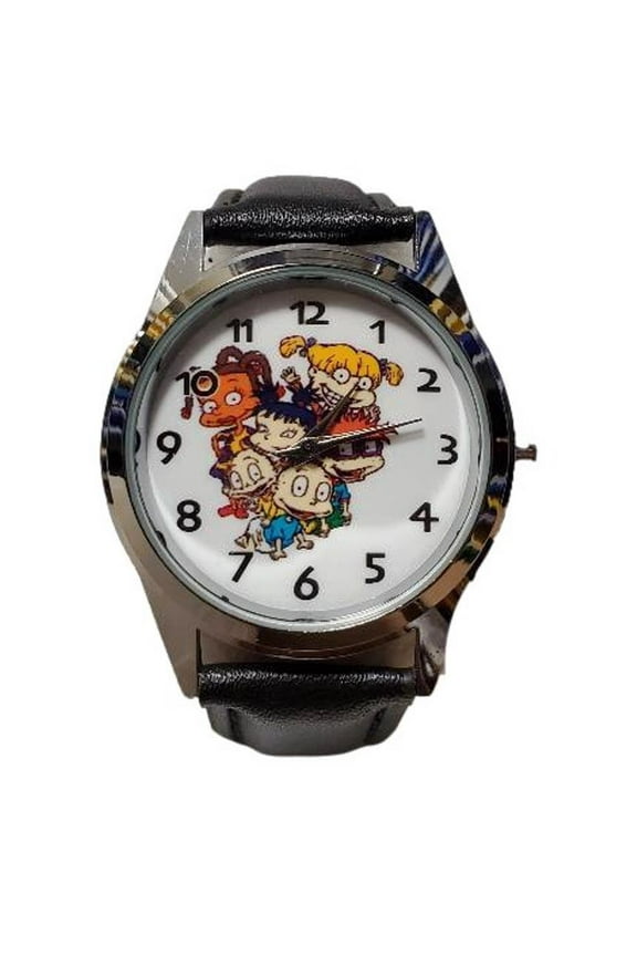 Rugrats Cartoon Characters Black Leather Band Wrist Watch
