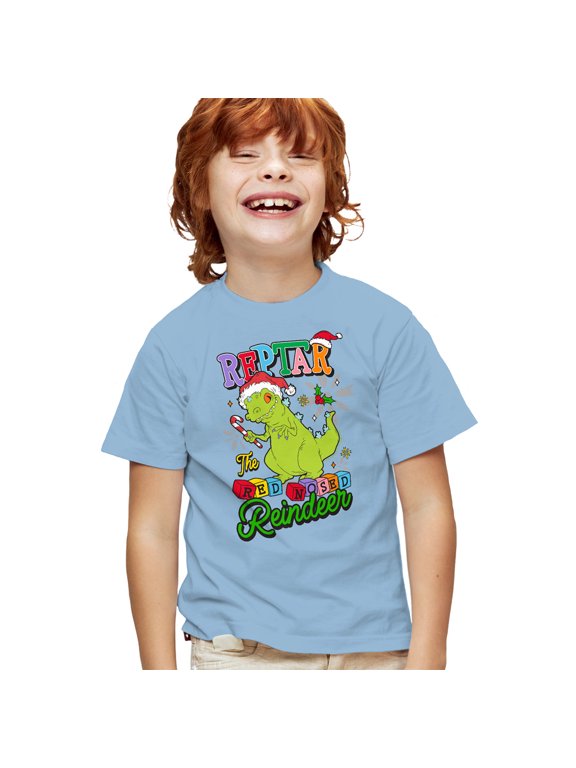 Christmas Reptar The Red Nosed Reindeer Kids T Shirt for Youth Boys and Girls, Light Blue, Small