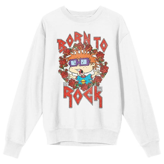 Rugrats Chuckie Born To Rock Roses Crew Neck Long Sleeve Women's White Sweatshirt-XL