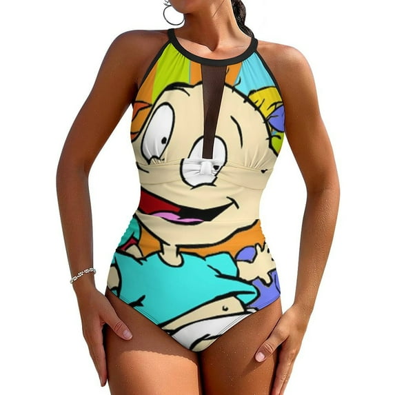 Rugrats One-Piece Swimwear Sexy Mesh Monokini Swimsuit with Detachable Padding Bathing Suit Swimdress M