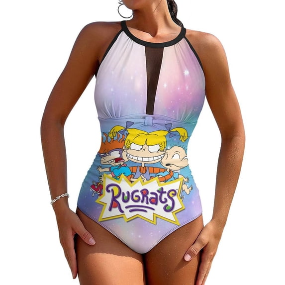 Rugrats One-Piece Swimwear Sexy Mesh Monokini Swimsuit with Detachable Padding Bathing Suit Swimdress XL