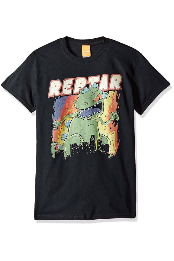 Rugrats Reptar Mens T-Shirt - Reptar Under Name Distressed City Destruction