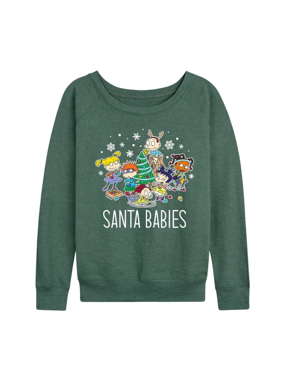 - Santa Babies Women's Lightweight French Terry Wide Neck Long Sleeve Graphic Shirt