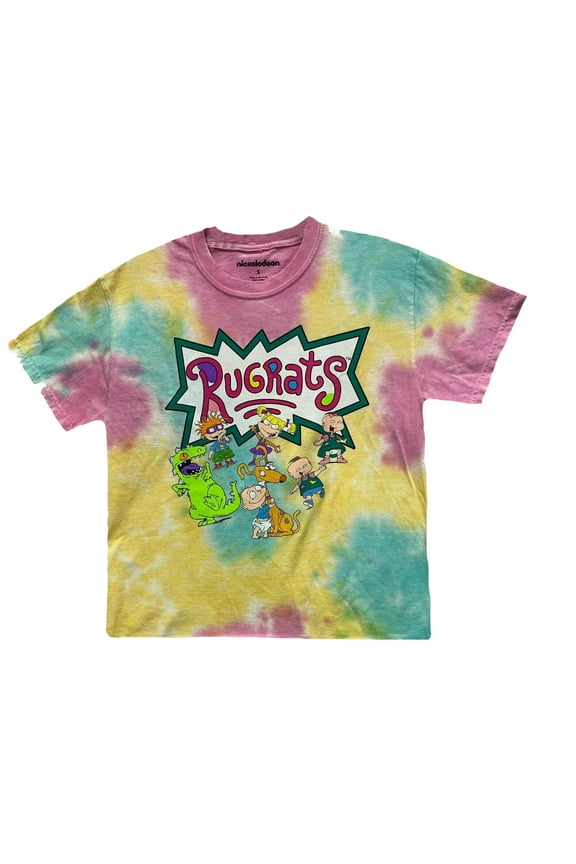 Rugrats's 90's Tie Dye Junior Women's Raw-Cut Cropped T-Shirt (Small)