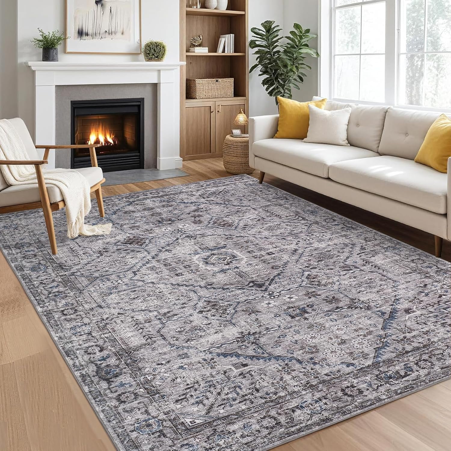 Rugs 8x10 Washable Soft Vintage Large Area Rugs Boho Farmhouse Low Pile Non-Slip Indoor Carpet Rugs Dining Room Home (Taupe 8'x10')