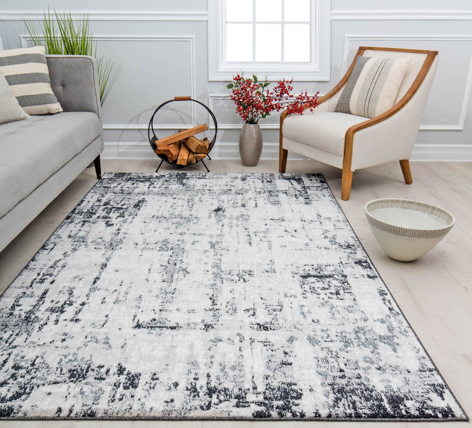 Rugs America Amabella IV40A Black Horizon Abstract Vintage White Area Rug, 2'6"x8'