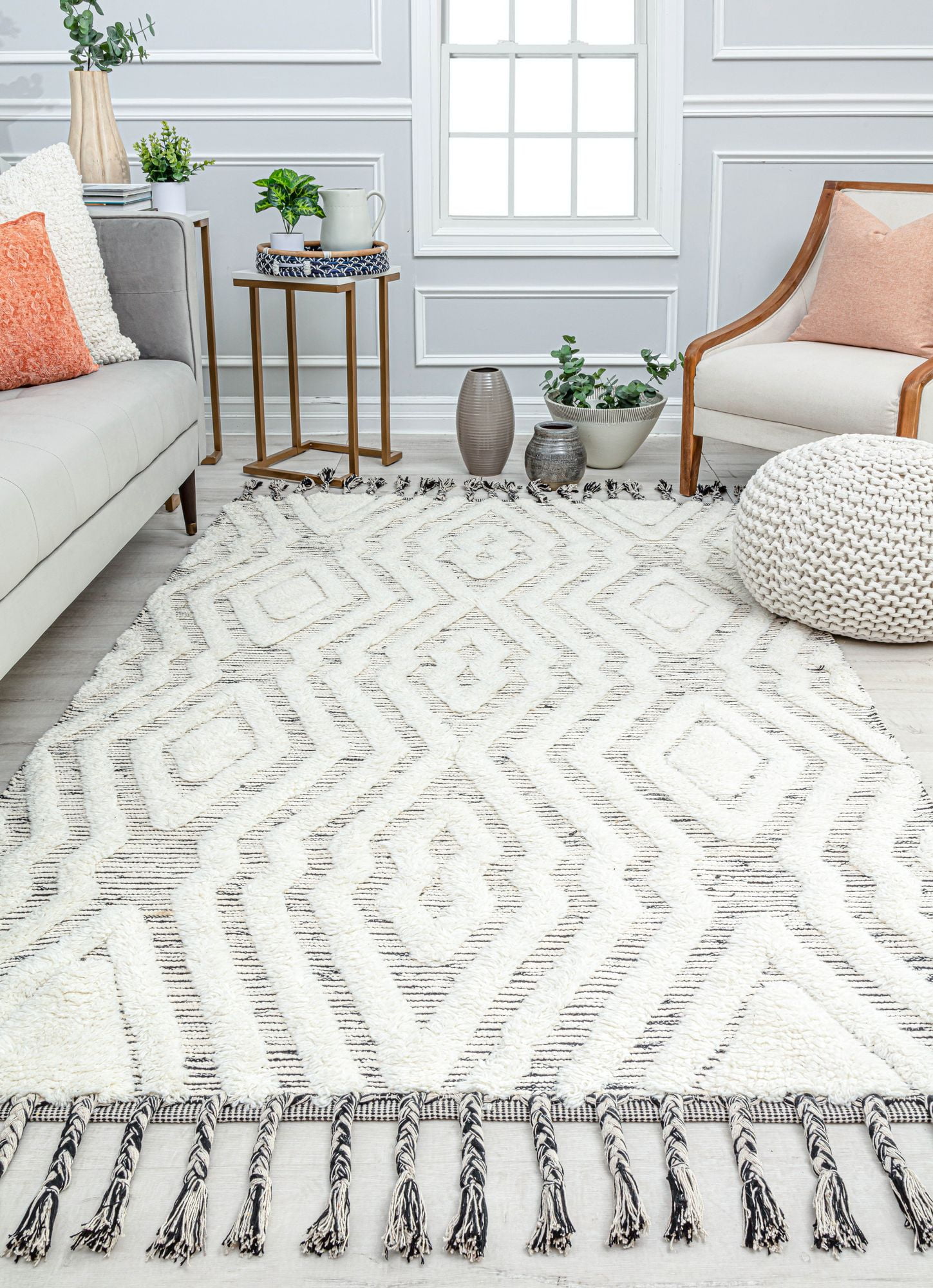 Rugs America Cream Almodine CR15A Textured/Diamond Bohemian White Area Rug, 5’0”x7’0”