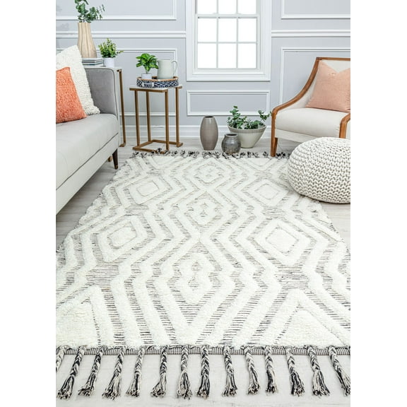 Rugs America Cream Almodine CR15A Textured/Diamond Bohemian White Area Rug, 5’0”x7’0”