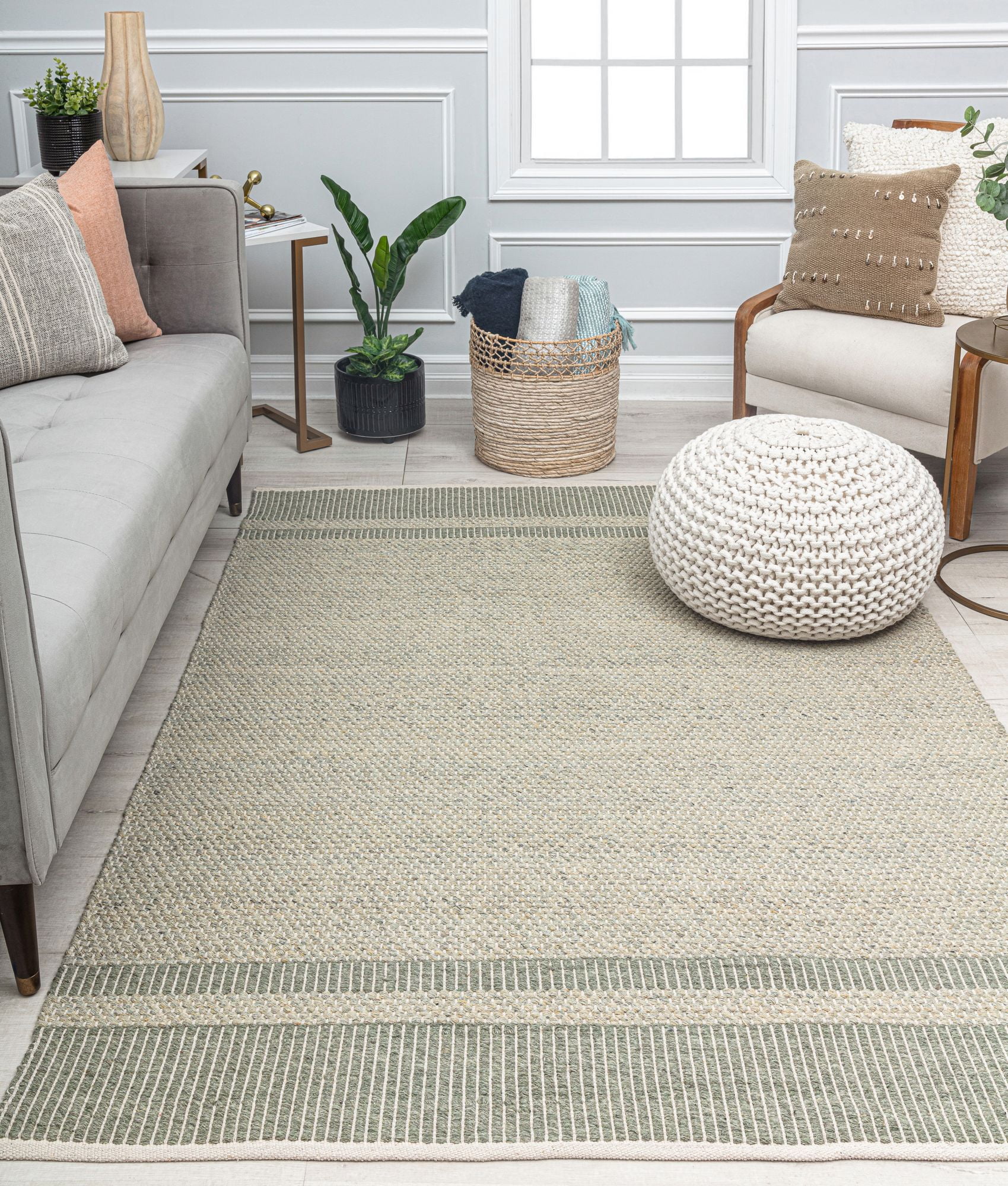 Gray and Olive Handwoven Wool 8' x 10' Area Rug