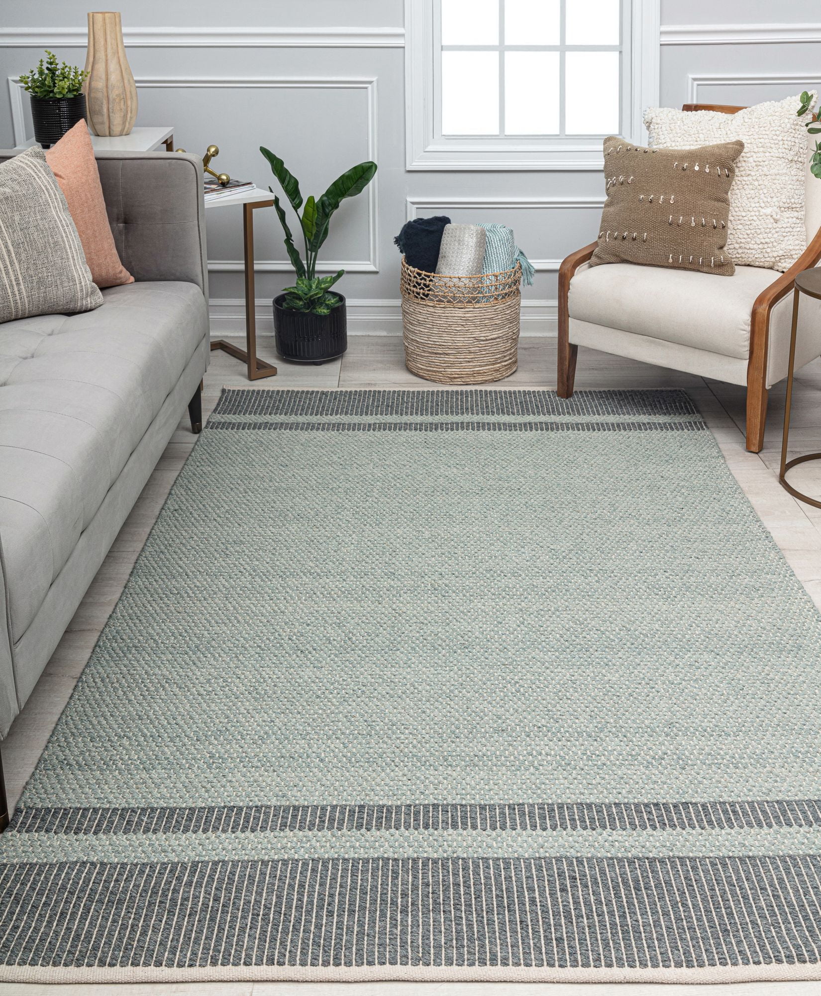 Green and Gray Wool Flat Woven 5' x 7' Striped Area Rug